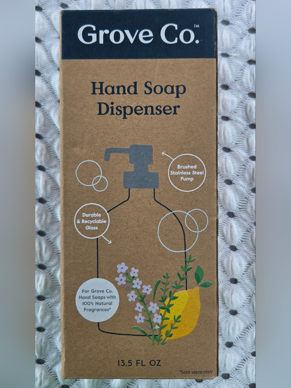 Grove Co. Glass Hand Soap Dispenser With Brushed Stainless Steel Pump, Like NIB